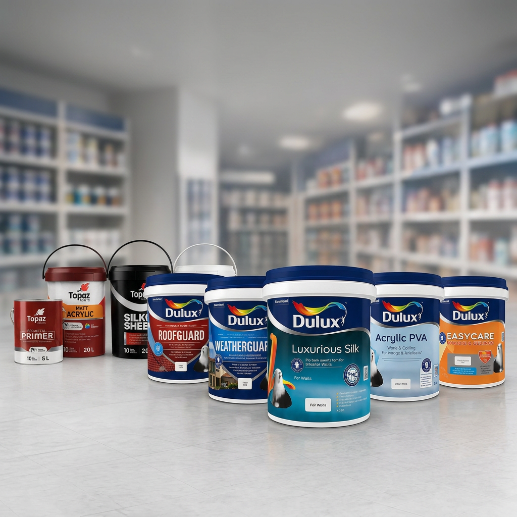 Paint buckets and cans including Dulux and Topaz